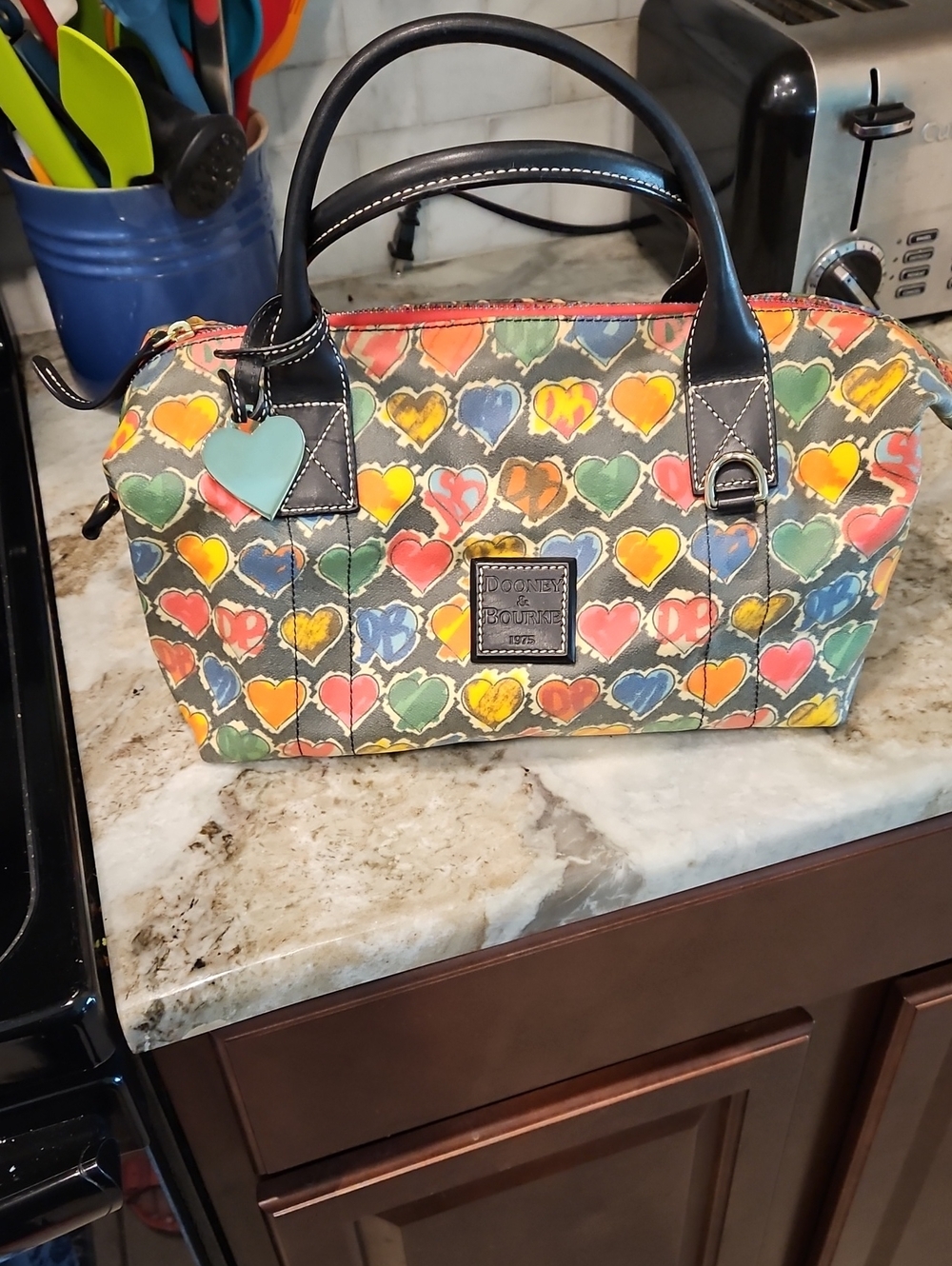 Dooney & Bourke Multicolor Heart Print Satchel with Black Trim